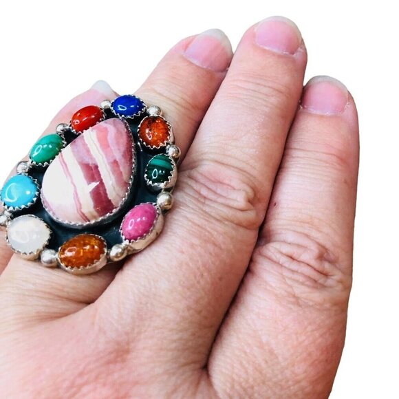 American Southwest Multi Gemstone Rhodochrosite Turquoise Sterling Silver Ring 8 - Picture 2 of 5